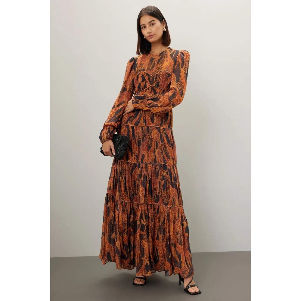 Farm Rio Giraffes Puff Sleeve Maxi Dress Orange Black Tiered Flowy Sz S